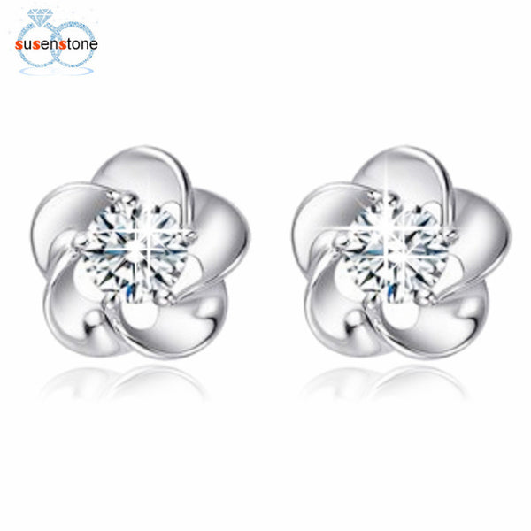 SUSENSTONE Silver plated earrings Rose Flower Shaped Crystal Stud Earrings for Women Ladies Gift fashion jewelry 2016