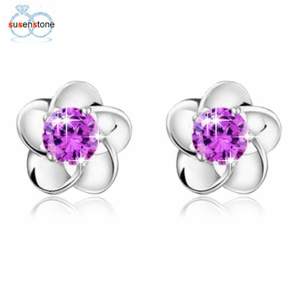 SUSENSTONE Silver plated earrings Rose Flower Shaped Crystal Stud Earrings for Women Ladies Gift fashion jewelry 2016