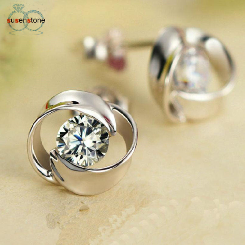 SUSENSTONE 1Pair Beautiful Silvering Crystal Shiny Ear Stud Earrings Women Fashion