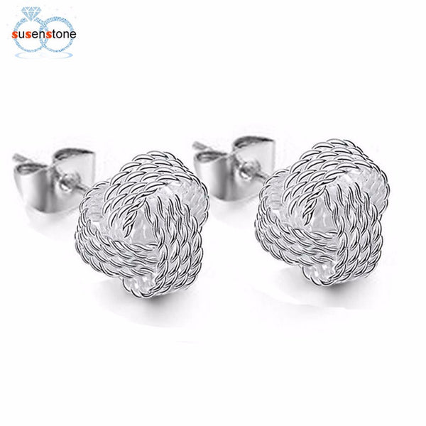 SUSENSTONE Earrings Net knot ring earrings Simple Fashion Ball Slide Silver Plated Ear Stud Earrings Women Jewelry