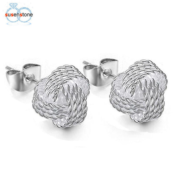 SUSENSTONE Earrings Net knot ring earrings Simple Fashion Ball Slide Silver Plated Ear Stud Earrings Women Jewelry