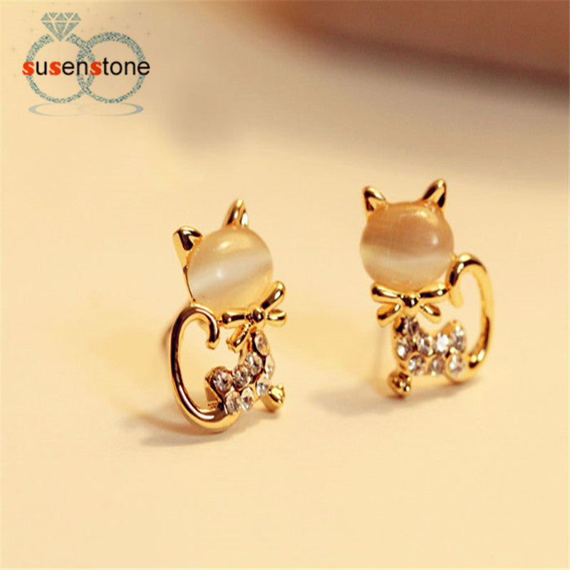 SUSENSTONE 2016 New Fashion Korean Fashion Cute Cat Stone Crystal Rhinestone Women Stud Earrings Stud Earrings Fashion Jewelry