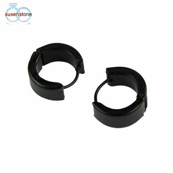 SUSENSTONE Men Women Unisex Black Hoop Huggie Earrings in Stainless Steel One Pair