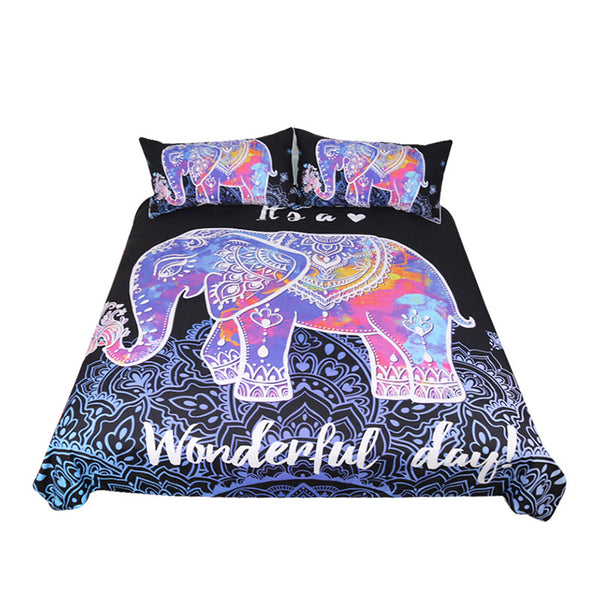 BeddingOutlet Colorful Elephant Bedding Set Queen Size Bohemian Duvet Cover Mandala Bed Set Animal Print Black Bedclothes 3pcs