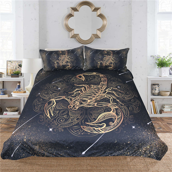 BeddingOutlet Gold Scorpion Bedding Set Queen Meteor Scorpio Duvet Cover Constellation Bed Set Bohemian Print Black Bedclothes