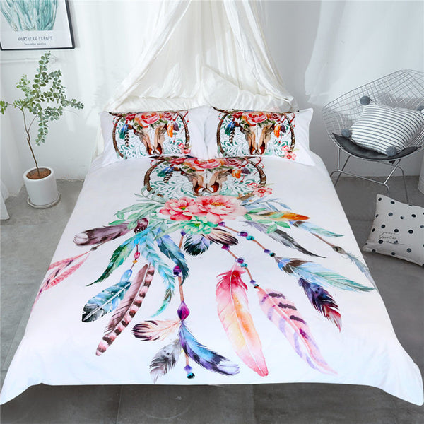 BeddingOutlet Floral Dreamcatcher Bedding Set King Hipster Feathers Skull Duvet Cover Bohemian Printed Bedclothes Multi Colors