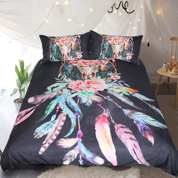 BeddingOutlet Floral Dreamcatcher Bedding Set King Hipster Feathers Skull Duvet Cover Bohemian Printed Bedclothes Multi Colors