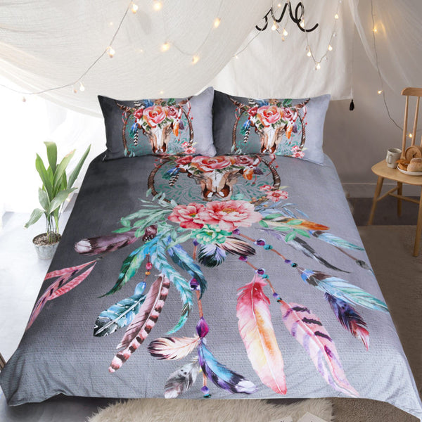 BeddingOutlet Floral Dreamcatcher Bedding Set King Hipster Feathers Skull Duvet Cover Bohemian Printed Bedclothes Multi Colors