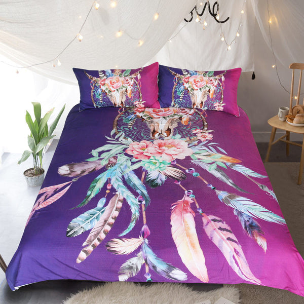 BeddingOutlet Floral Dreamcatcher Bedding Set King Hipster Feathers Skull Duvet Cover Bohemian Printed Bedclothes Multi Colors