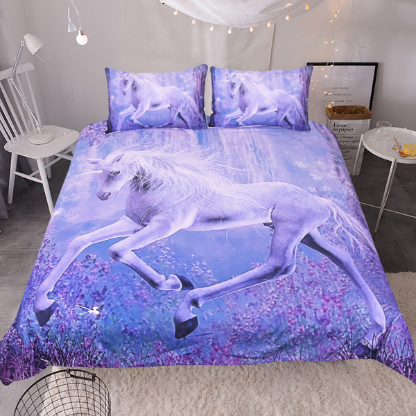 BeddingOutlet Purple Unicorn Bedding Set 3D Printed Quilt Cover Floral Scenic Bed Set 3-Piece Home Textiles