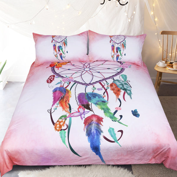 BeddingOutlet Heart Dreamcatcher Bedding Set Pink and Sky Blue Duvet Cover Watercolor Feather Bed Set  Microfiber Bedclothes