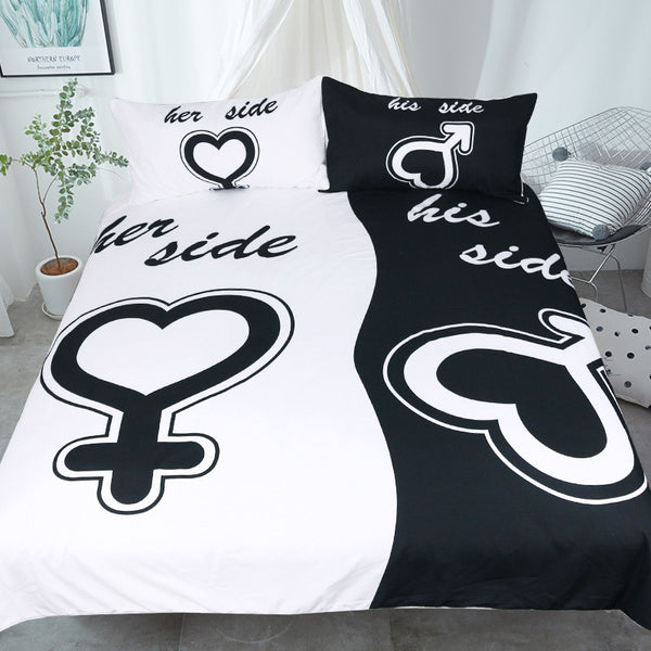 BeddingOutlet His & Her Side Bedding Set Black and White Couple Duvet Cover Set Valentine Bed Cover 3Pcs Twin Full Queen King