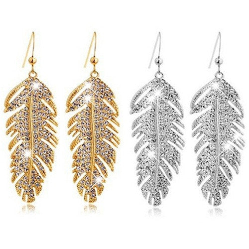 Women's Retro Boho Alloy Feather Rhinestone Eardrops Party Hook Dangle Earrings