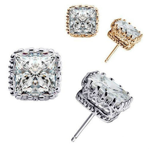 Womens Lover Stunning Vogue Party Square Crown Hollow Zircon Stud Earrings