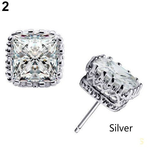 Womens Lover Stunning Vogue Party Square Crown Hollow Zircon Stud Earrings