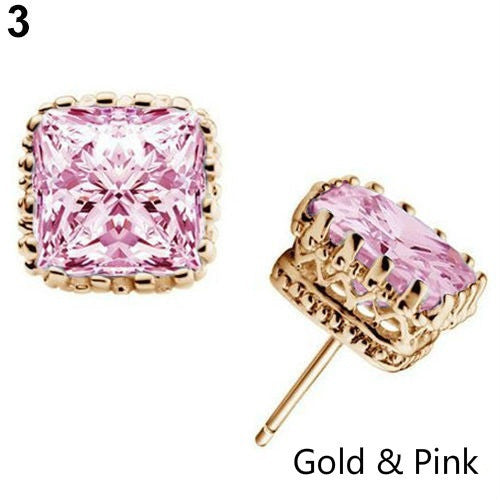 Womens Lover Stunning Vogue Party Square Crown Hollow Zircon Stud Earrings