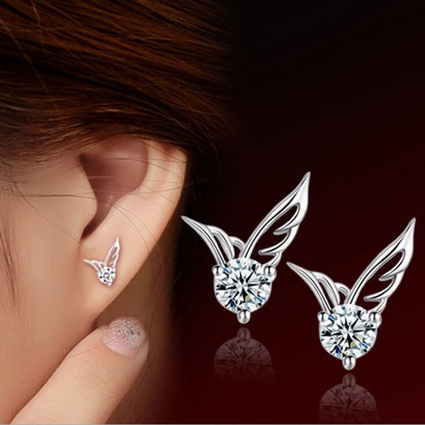 Women's 925 Sterling Silver Angel Wings Crystal Rhinestone Ear Stud Earrings