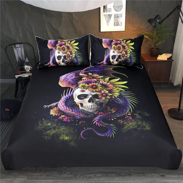 Flowery Skull by Sunima Bedding Set Purple Flower Duvet Cover Dangerous Monster Floral Bed Set 3-Piece Art Bedclothes