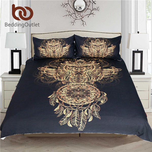 BeddingOutlet Golden Owl Bedding Set Boys Luxury Dreamcatcher Print Black 3d Duvet Animal Feather Bohemian Bed Cover