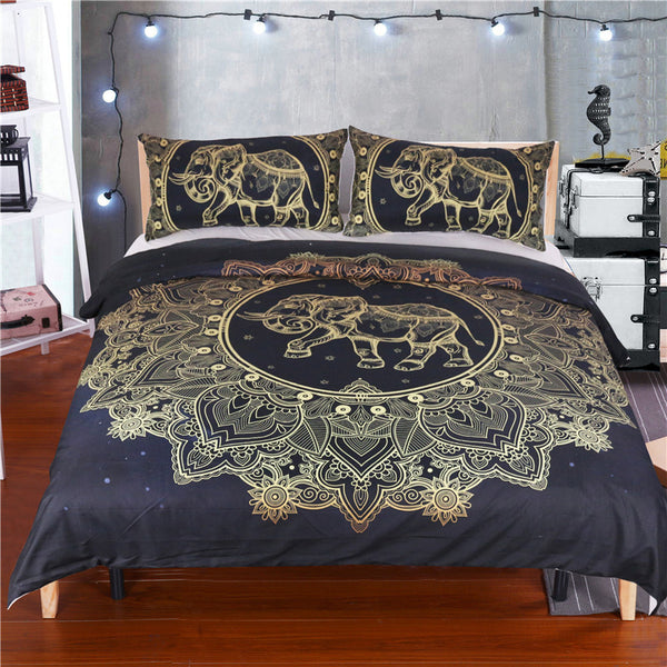 BeddingOutlet Mandala Elephant Duvet Cover With Pillowcase Black Golden Bedding Set Queen Size Boho Bed Set Quilt Cover