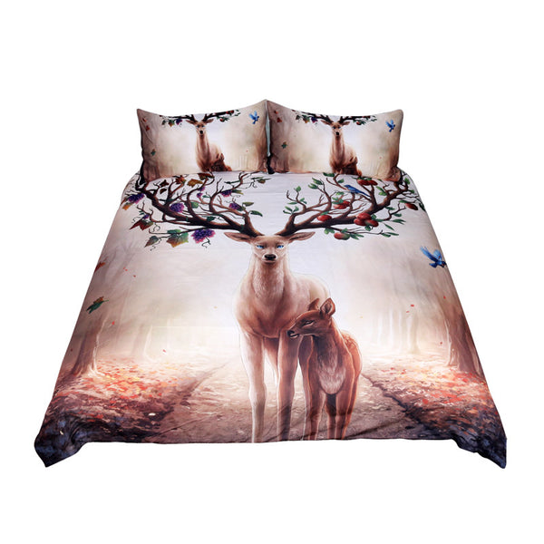 Seasons Change by JoJosArt Bedding Set Floral Deer Duvet Cover With Pillowcase Elk Bed Set 3-Piece Maternal Love Bedclothes