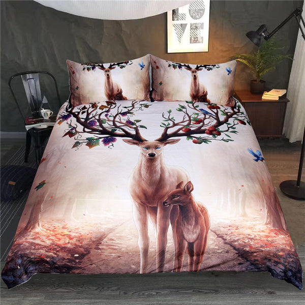 Seasons Change by JoJosArt Bedding Set Floral Deer Duvet Cover With Pillowcase Elk Bed Set 3-Piece Maternal Love Bedclothes