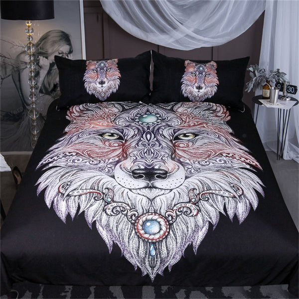 BeddingOutlet Tattoo Head Wolf Bedding Set Wild Beast Boys Duvet Cover Set Double Microfiber Animal Black Bedclothes Queen Size