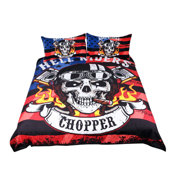 BeddingOutlet Fire Skull Bedding Set Chopper Printed Boys Duvet Cover Set Hell Riders Bedclothes 3pcs Striped Flag Home Textiles