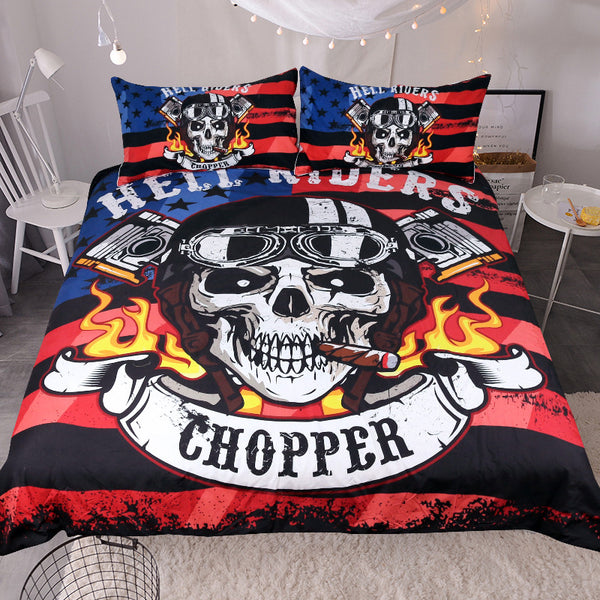 BeddingOutlet Fire Skull Bedding Set Chopper Printed Boys Duvet Cover Set Hell Riders Bedclothes 3pcs Striped Flag Home Textiles