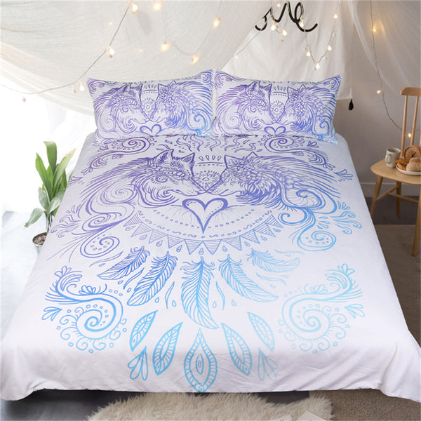 Wolves Heart by SunimaArt Bedding Set Blue and White Duvet Cover Feathers Bed Set 3-Piece Home Textiles For Couples