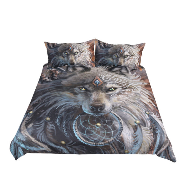 Wolf Warrior by SunimaArt Bedding Set Native American Duvet Cover Indian Wolf With Feather Dreamcatcher Bed Set 3pcs Bedclothes