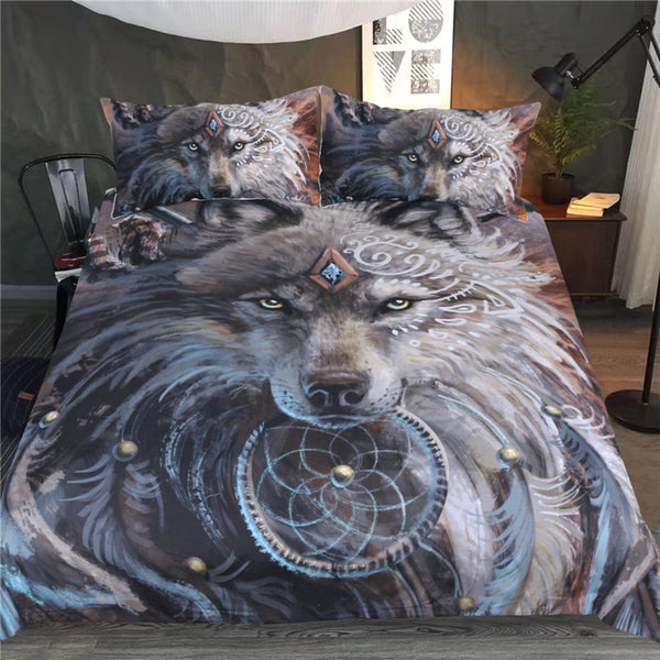 Wolf Warrior by SunimaArt Bedding Set Native American Duvet Cover Indian Wolf With Feather Dreamcatcher Bed Set 3pcs Bedclothes