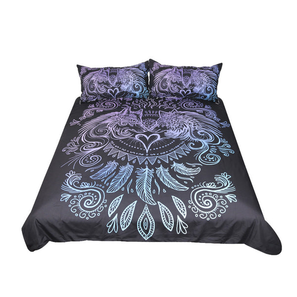 Wolves Heart by SunimaArt Bedding Set Blue and Purple Duvet Cover Feathers Boho Bed Set 3-Piece Black Home Textiles For Couples