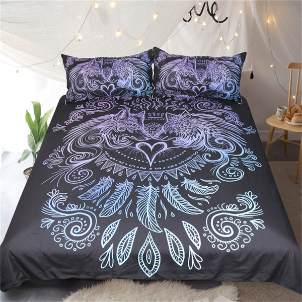 Wolves Heart by SunimaArt Bedding Set Blue and Purple Duvet Cover Feathers Boho Bed Set 3-Piece Black Home Textiles For Couples