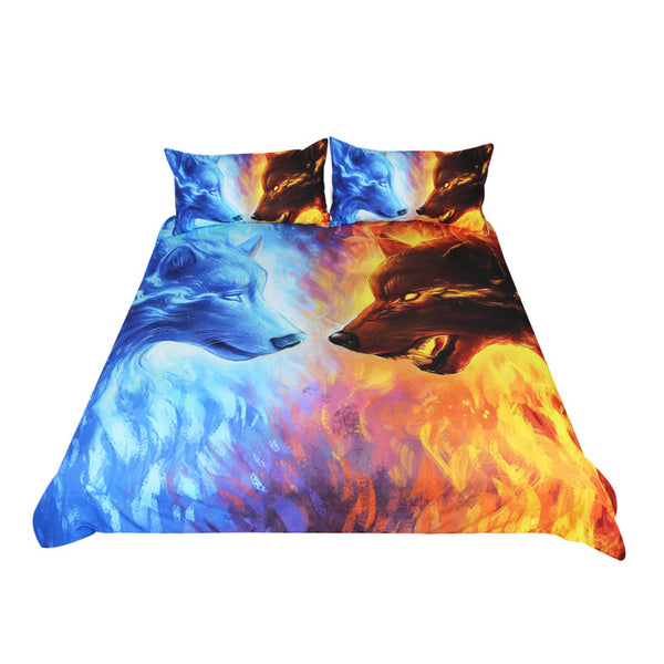 Fire and Ice by JoJoesArt Bedding Set Blue and Yellow 3D Quilt Cover With Pillowcases Wolf Wolves Bed Set 3-Piece Home Textiles