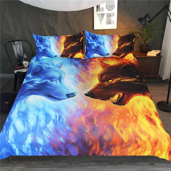 Fire and Ice by JoJoesArt Bedding Set Blue and Yellow 3D Quilt Cover With Pillowcases Wolf Wolves Bed Set 3-Piece Home Textiles