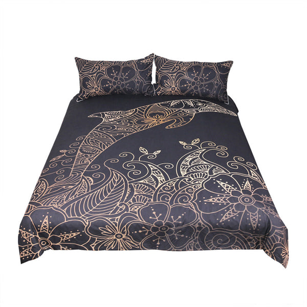 BeddingOutlet Golden Dolphin Bedding Set Queen King Bohemian Duvet Cover Plum Flower Bed Set Animal Print Bedclothes 3pcs