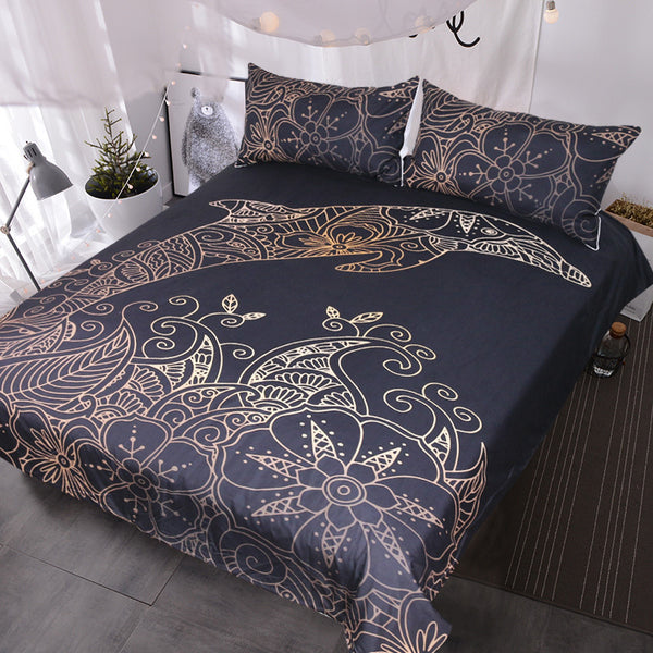 BeddingOutlet Golden Dolphin Bedding Set Queen King Bohemian Duvet Cover Plum Flower Bed Set Animal Print Bedclothes 3pcs