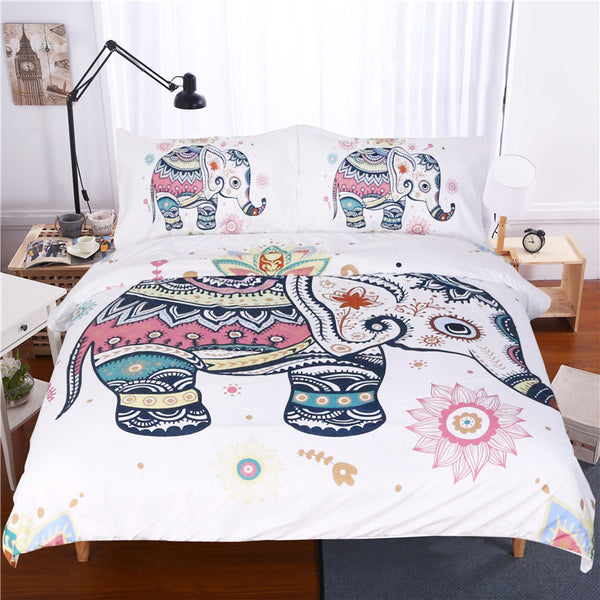 BeddingOutlet 3 Pcs Rainbow Mandala Elephant Duvet Cover Set Bohemian Indian Pastel Floral Bed Set Hippie Gypsy Bedding Queen