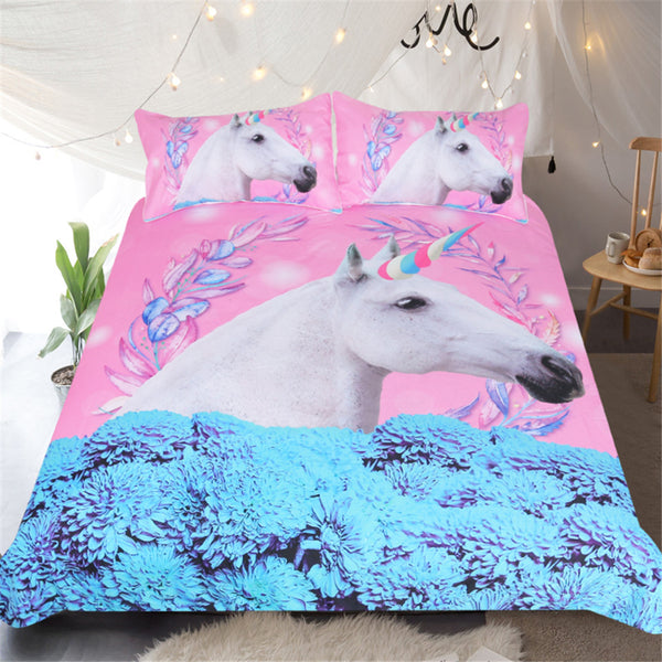 BeddingOutlet Unicorn Bedding Set Pink and Blue Duvet Cover Set Floral 3-Piece Bedspreads For Adult Kids Horse Bedclothes