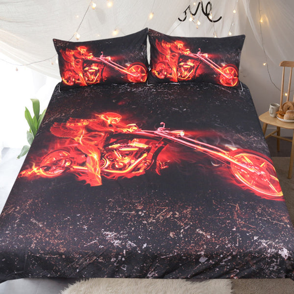 BeddingOutlet Flame Motorcycle Bedding Set Queen Duvet Cover Red And Black Bedclothes 3pcs Engine Bedspreads