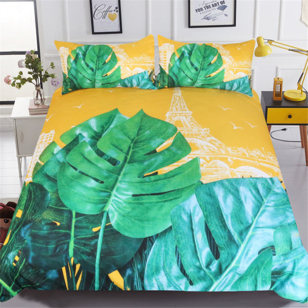 BeddingOutlet Plant Bedding Set Paris Tower Duvet Cover Set Leaf Leaves Bed Cover Yellow and Green Bedclothes